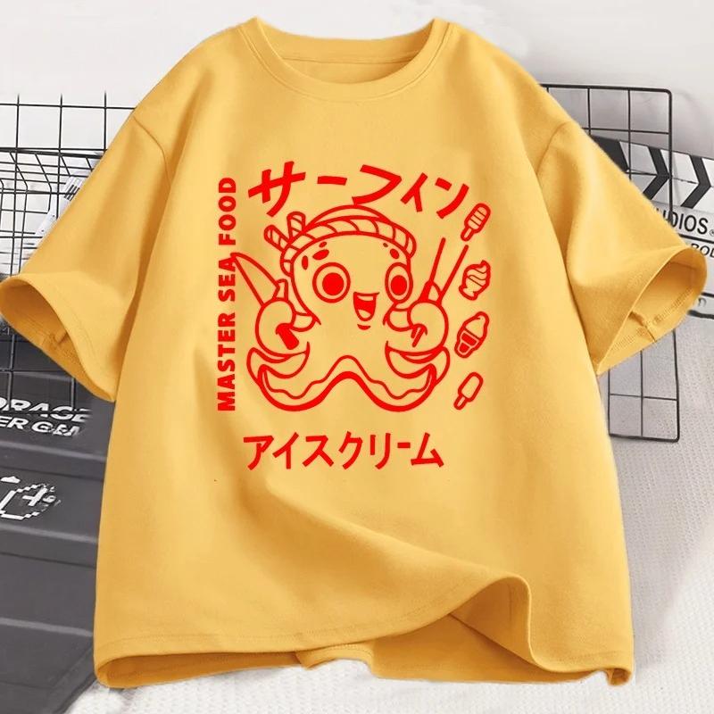Japanese Octopus Graphic Print T Shirt Funny Y2k Vintage T-shirt for Women Soft Short Sleeve Unisex Casual Tops Women Clothing