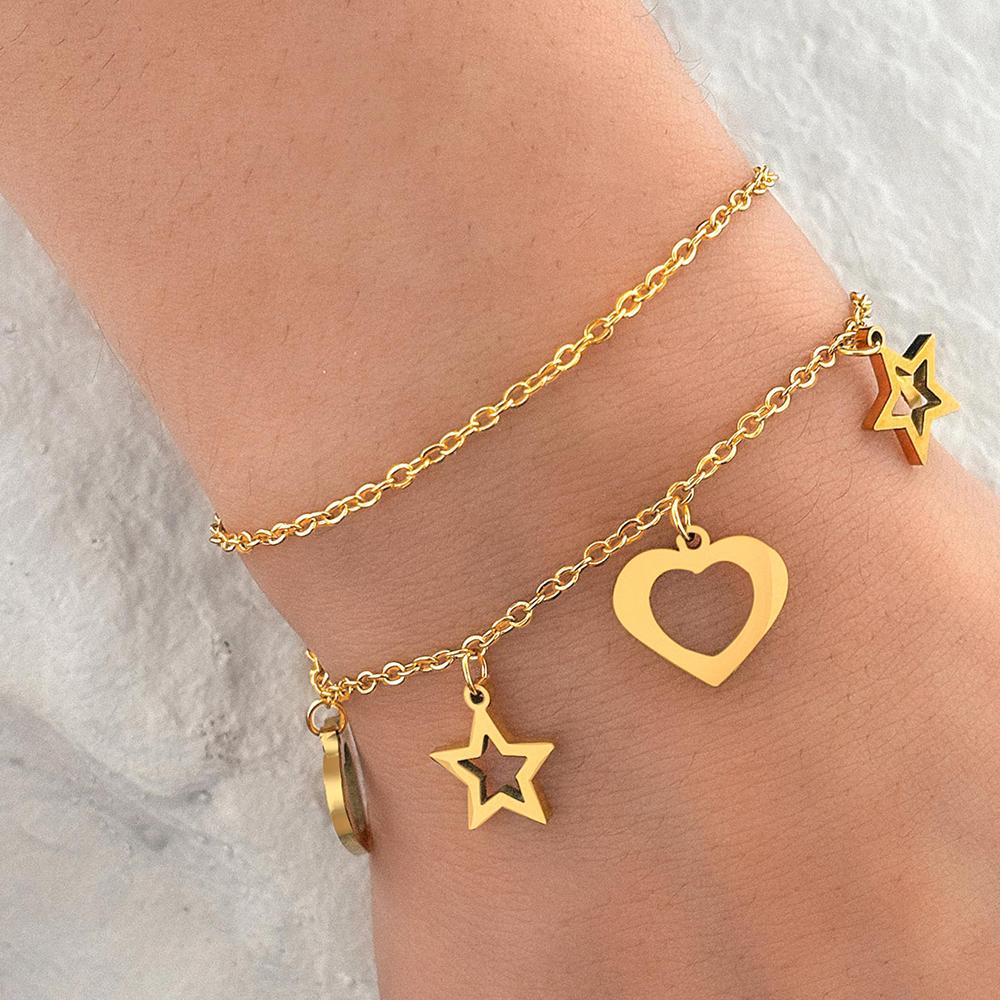 Stainless Steel Bracelets Fashion Popular Hollow Star Heart Pendant Layer Chain Fine Bracelet For Women Zircon Banquet Gifts