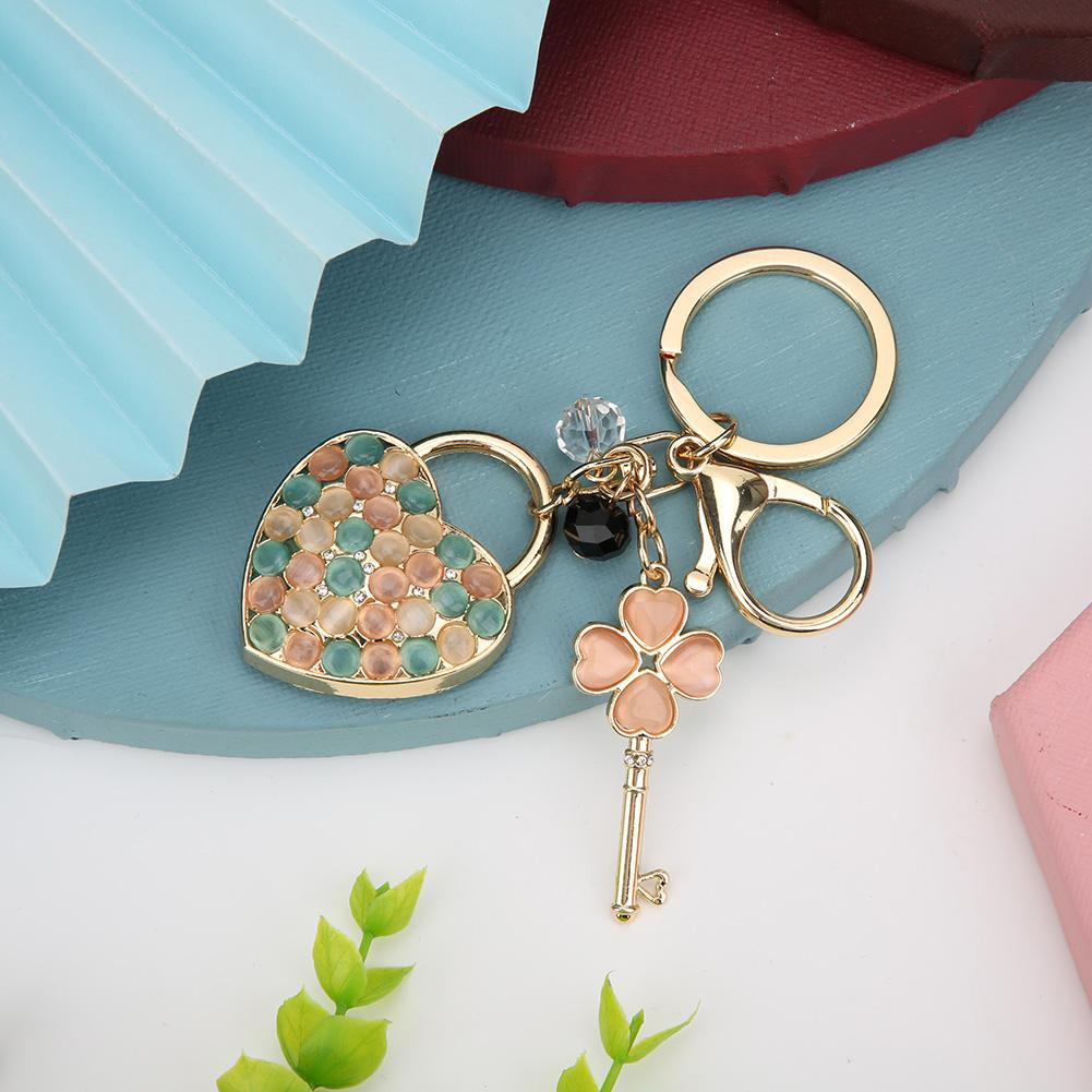 Rhinestone Keyring Pendant Heart Four Leaf Clover Key Shaped Rhinestone Key Ring Bag Decoration Gift