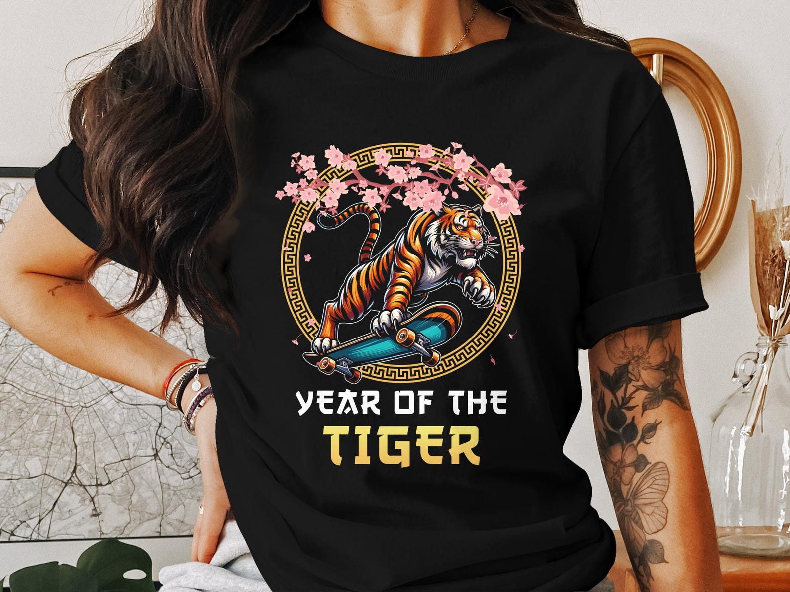 Chinese New Year Lunar Tiger T-Shirt, Zodiac Sign Skateboarding, Year of the Tiger Tee, Cherry Blossom, Tiger Tshirt S