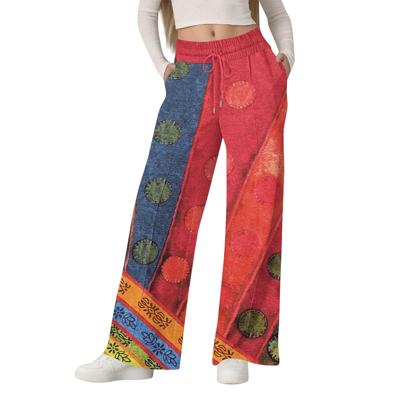 

Women s Fashionable Loose Casual Wide-leg Pants Geometric Color Block Patchwork Printing XL Кіновар