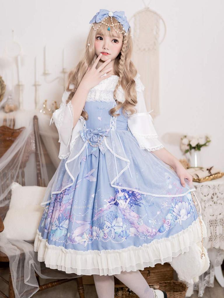 [Milky Time] Gothic Lolita Jumper Skirt with Blouse and Head Dress, Mermaid Style, Light Blue