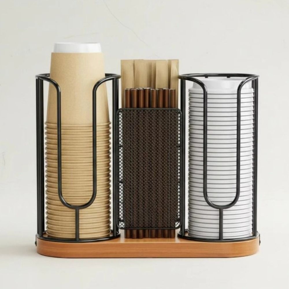 3-in-1 Coffee Cup Lid Holder Wooden Base Cup Dispenser Rack Paper Cup Dispenser Office Kitchen Use