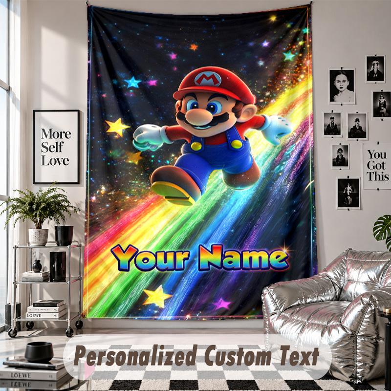 Wall Hanging Tapestry With Custom Name & Text, Super Mario Decorative Tapestry For Bedroom