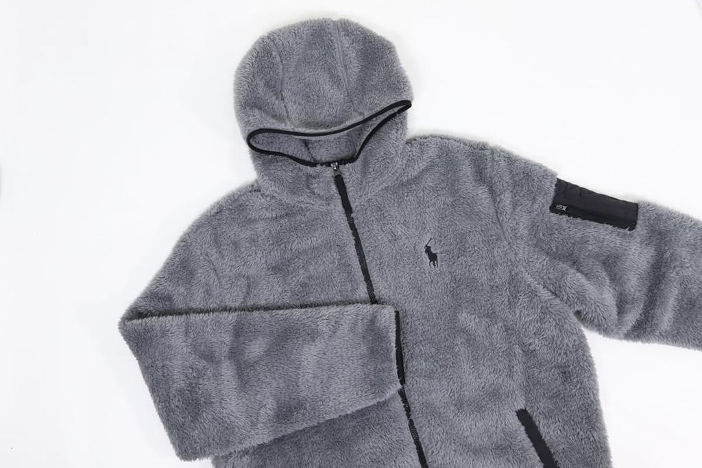 POLO RALPH LAUREN Hooded Retro Pile Performance Fleece Size Gray Men's Zip-Up Jacket, L, (Product Code 0101997)