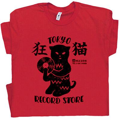 Camiseta Tienda de Discos de Tokio Camiseta Gato Negro Tocadiscos de Vinilo Fresca Vintage DJ Camiseta Unisex