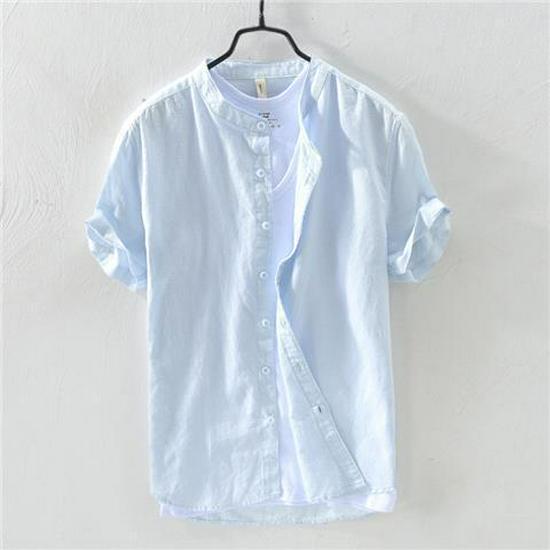 Men's Short Sleeve Stand Collar White Linen Shirt - Lightweight, Breathable, Casual, and Fresh.