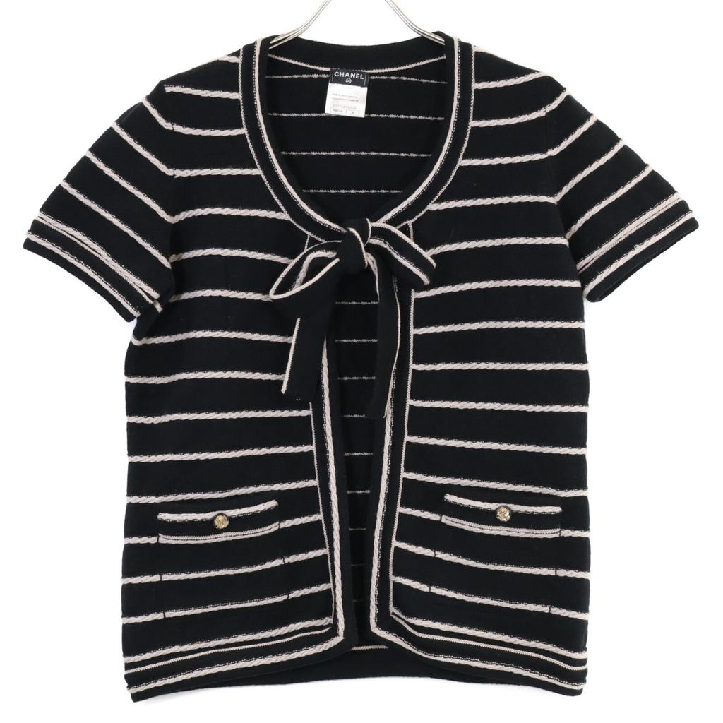 Chanel [Excellent Condition] P37442K02435 Striped Cashmere 100% Short Sleeve Knit Tops 38 blackUsed