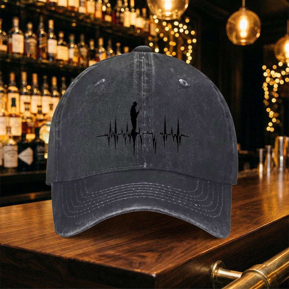 Vintage Washed Baseball Cap With Ecg Fishing Print Lightweight Mens Duckbill Hat