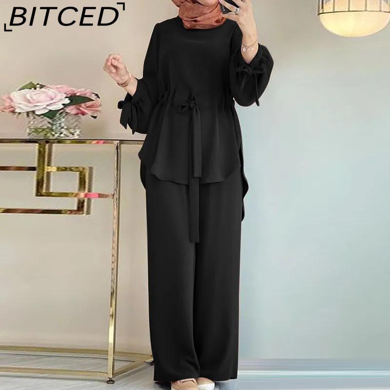 

BITCED Мусульманская женская одежда, однотонный комплект из двух предметов с завязками на шнурке, топ с круглым вырезом, широкие брюки, элегантный женский костюм M