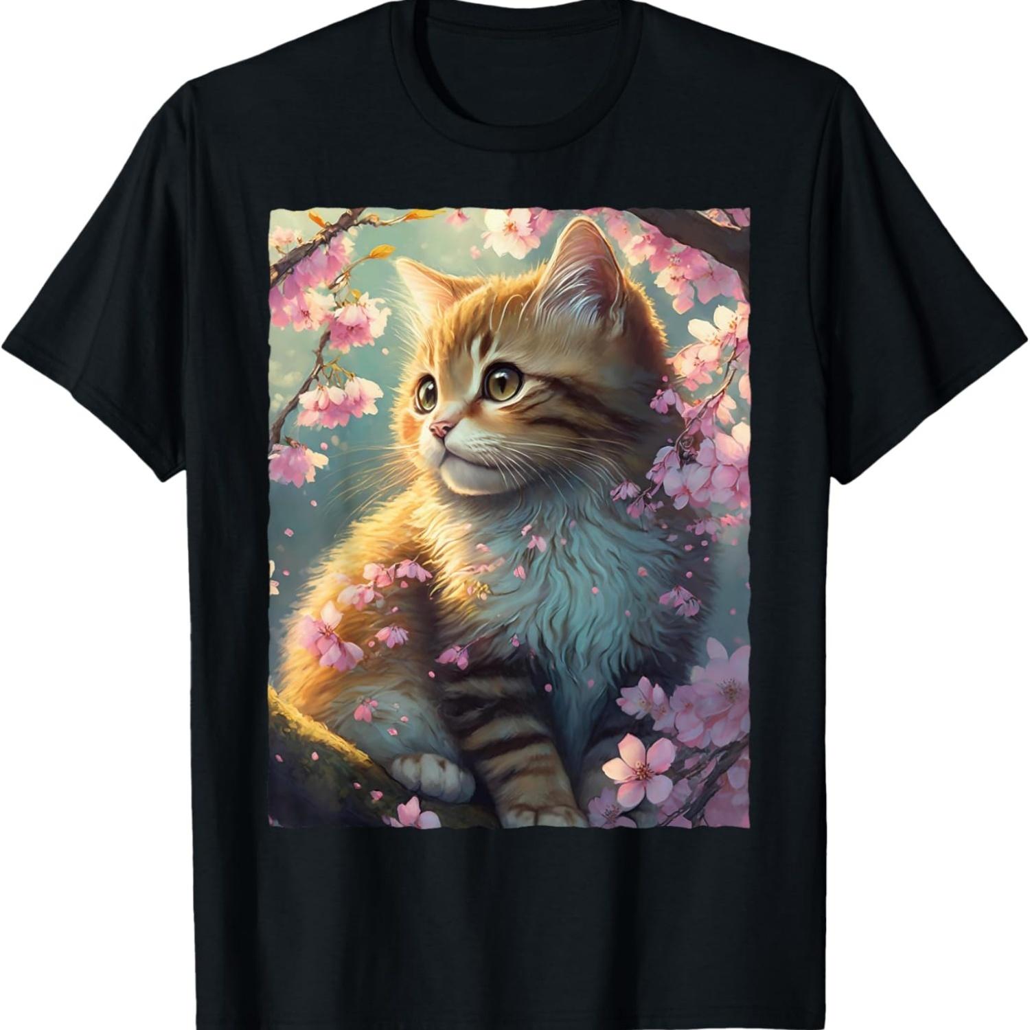 Cute Kawaii Cat with Cherry Blossom T-Shirt(1) S чёрный