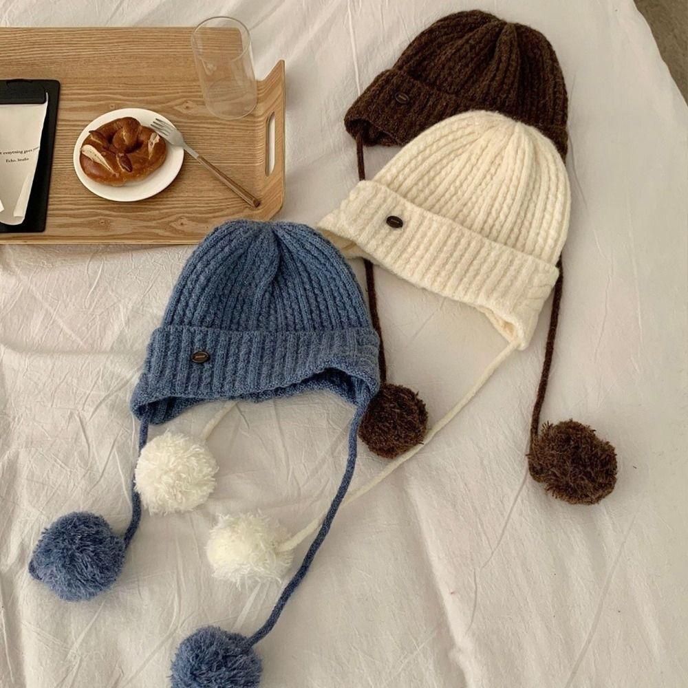 Thick Pom-pom Knit Cap Windproof Beanie Hats Kawaii Y2k Knitted Cap  Female