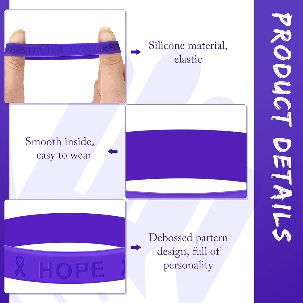 Kigeli 100 Pcs Purple Ribbon Awareness Silicone Bracelets for Suicide Prevention Alzheimer Pancreatic Epilepsy Domestic Violence Overdose Lupus