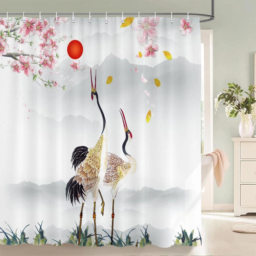 Chinese Style Plum Blossom Birds Shower Curtain, Texture Fabric Bathroom Decor Waterproof Flowers Bathroom Curtains With Hooks