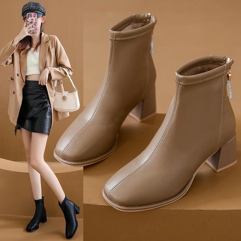 Low-barrel Elastic Thin Leather Women's Boots Square Head Rear Zipper British Fashion Short Boots for Women