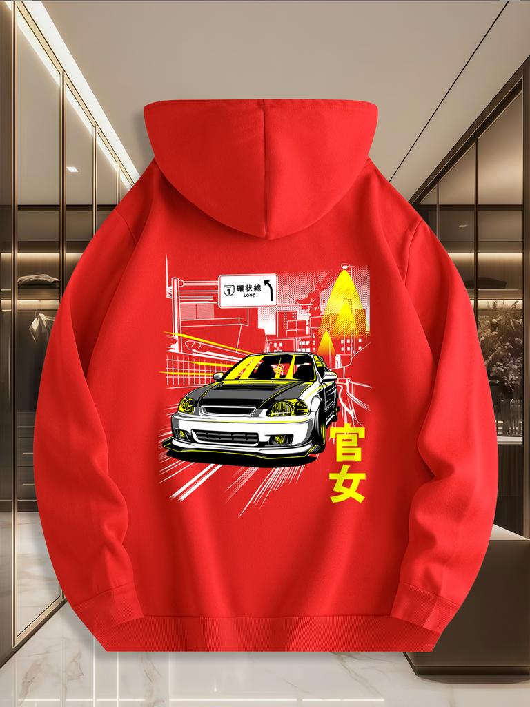 Racing Enthusiast Print Men's Casual Sports Hoodie for Autumn and Winter, Suitable for Everyday Workout Wear.