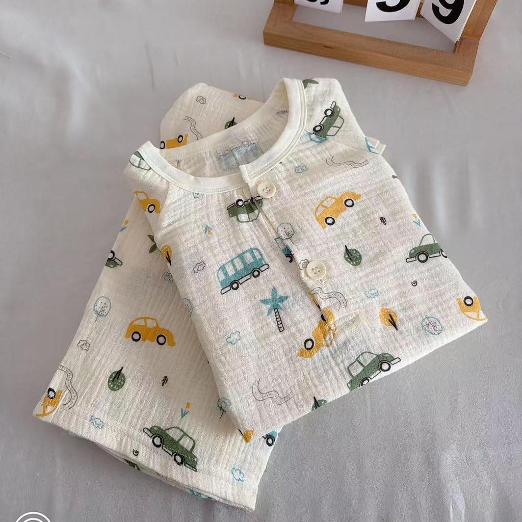 Children's 100% Cotton Gauze Pajama Set for Spring/Summer - Loose, Thin Long Sleeve for Boys and Girls