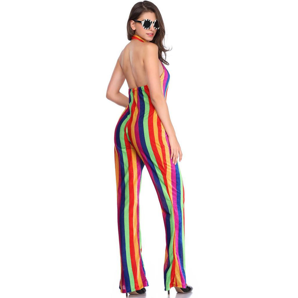 Rainbow striped print stage jumpsuit, clown costume cos women's costume, halloween costume