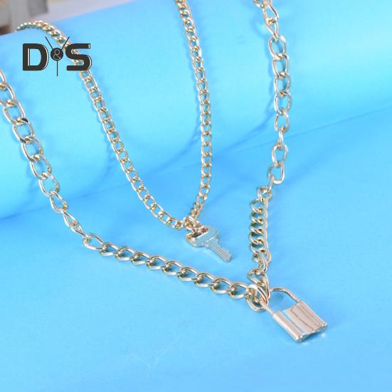 Women Necklace Smooth Two Layers Key And Lock Pendant Hollow Chain Retro Stainless Individual Clavical Necklace Neck Decoration Jewelry
