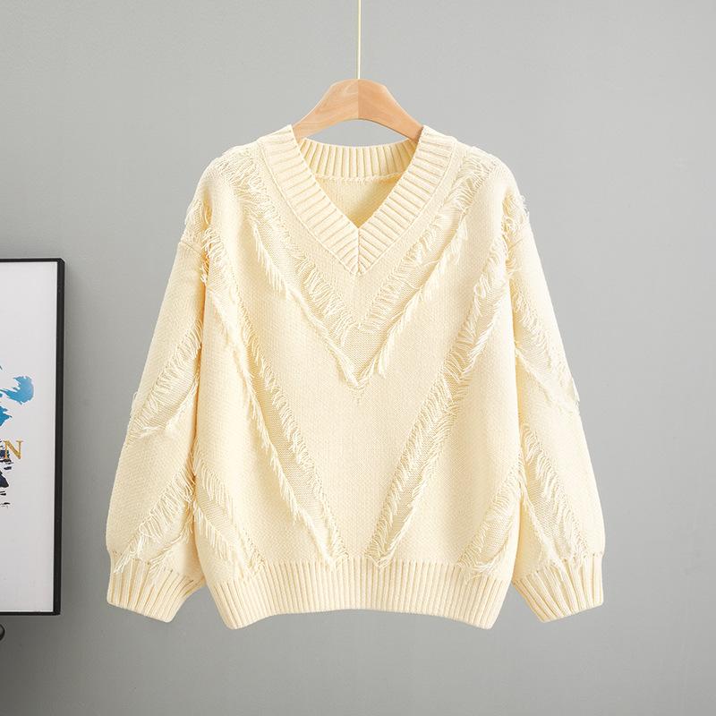 Loose Knitted V-neck Lazy Fringed Sweater Women's 2025 Autumn New Fashion Foreign Style Inner Top