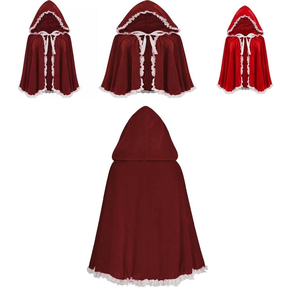 Elegante Mantello con Cappuccio in Velluto Rosso per Donna con Pizzo Arricciato e Bordi a Volant per Tutte le Stagioni