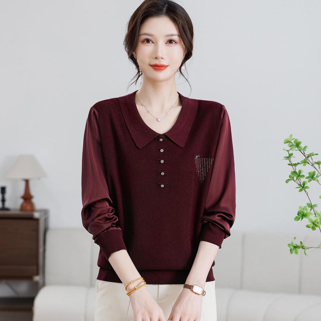 Mom's Gauze Sleeve Long-Sleeve Knit Top for Middle-aged Women - Lightweight Spring/Autumn Wear