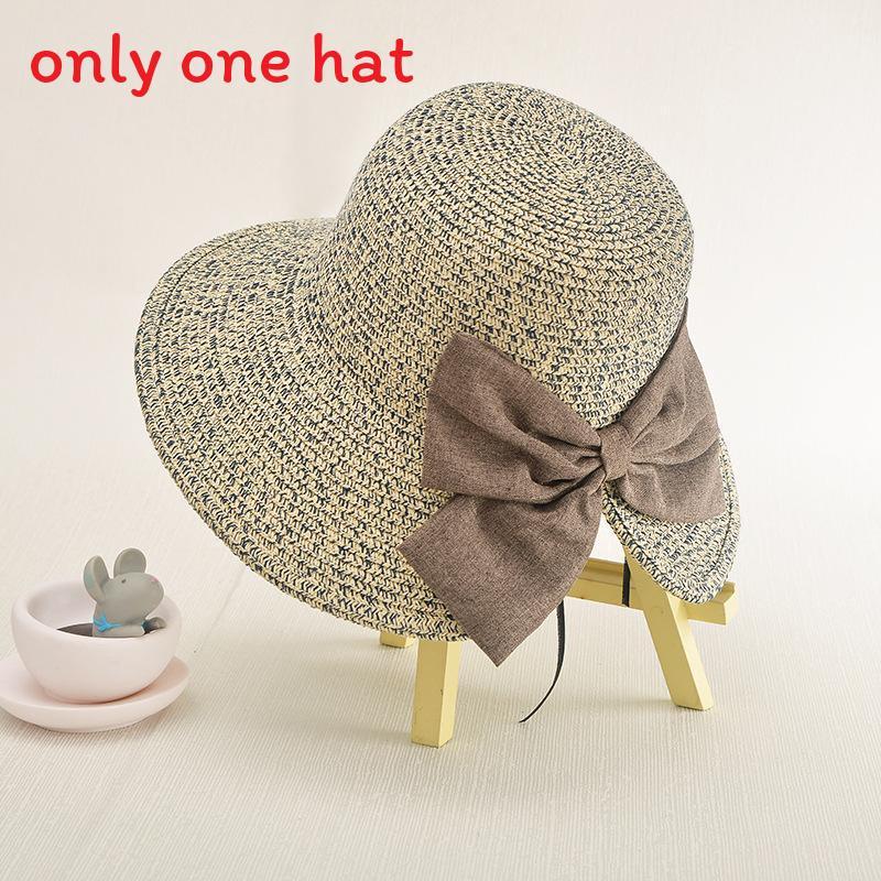 

Summer Wide Brim Straw Hat For Women With Slit Bowknot Sun Protection For Beach Outings синій