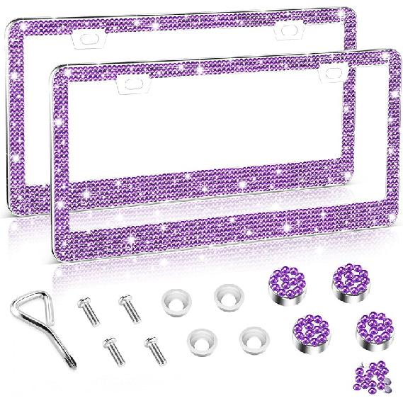 Amiss Bling License Plate Frame For Women, 2Pack Rhinestone Handcrafted Crystal Premium Stainless Steel, Stainless Steel Car Accessories With Diamond