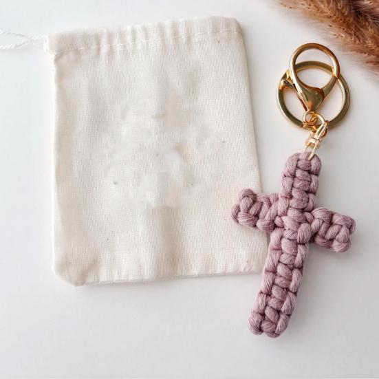 Handmade Christian Cross-shaped Keychain with Golden Ring Compact Comfortable Prayer Pendant Religious Accessory