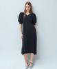 Waiowai Contrast Collar Puff Sleeve Pleated Long Dress_2 Colors