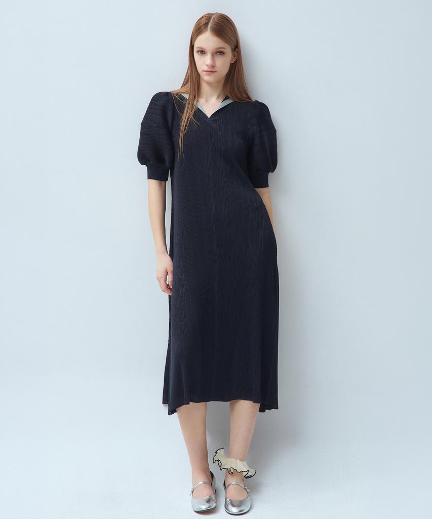 Waiowai Contrast Collar Puff Sleeve Pleated Long Dress_2 Colors