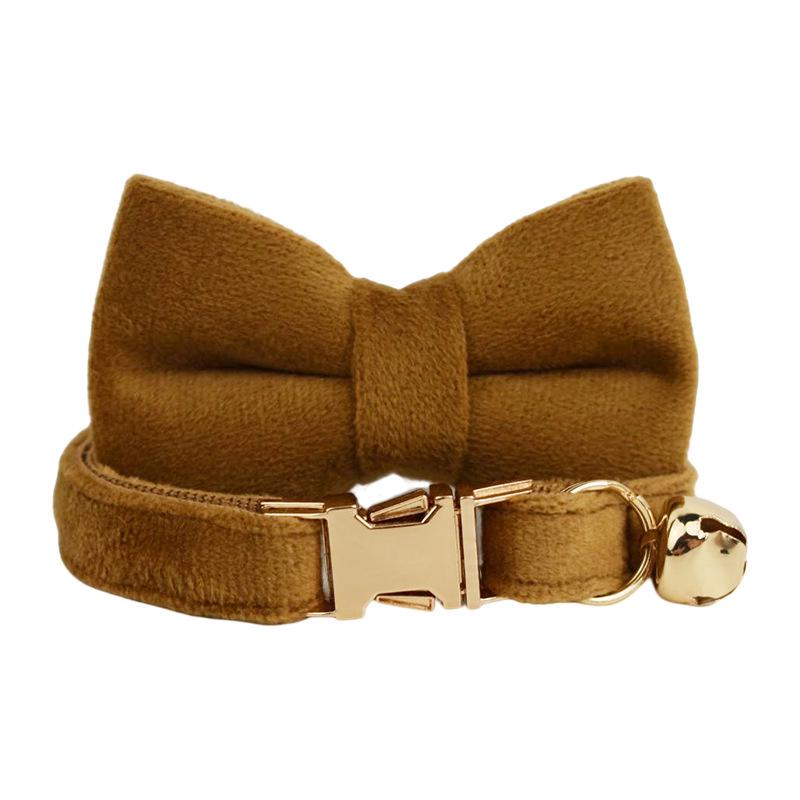 Velvet Light Coffee Cat Collar with Cute Bell and Scarf