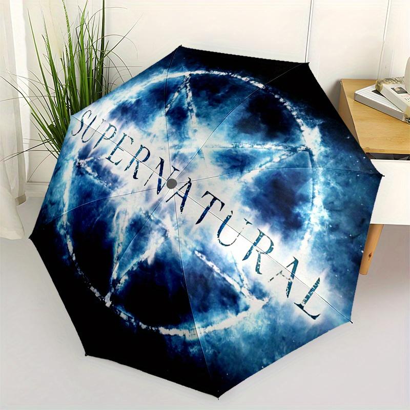 Supernatural Pentagram Protection Umbrella - Automatic Open/Close, Gothic occult design umbrella with Bold 'Supernatural' Text