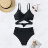 Solid color strappy high waist sexy bikini split swimsuit swimsuit