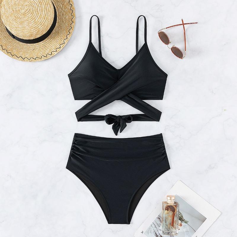 Solid color strappy high waist sexy bikini split swimsuit swimsuit