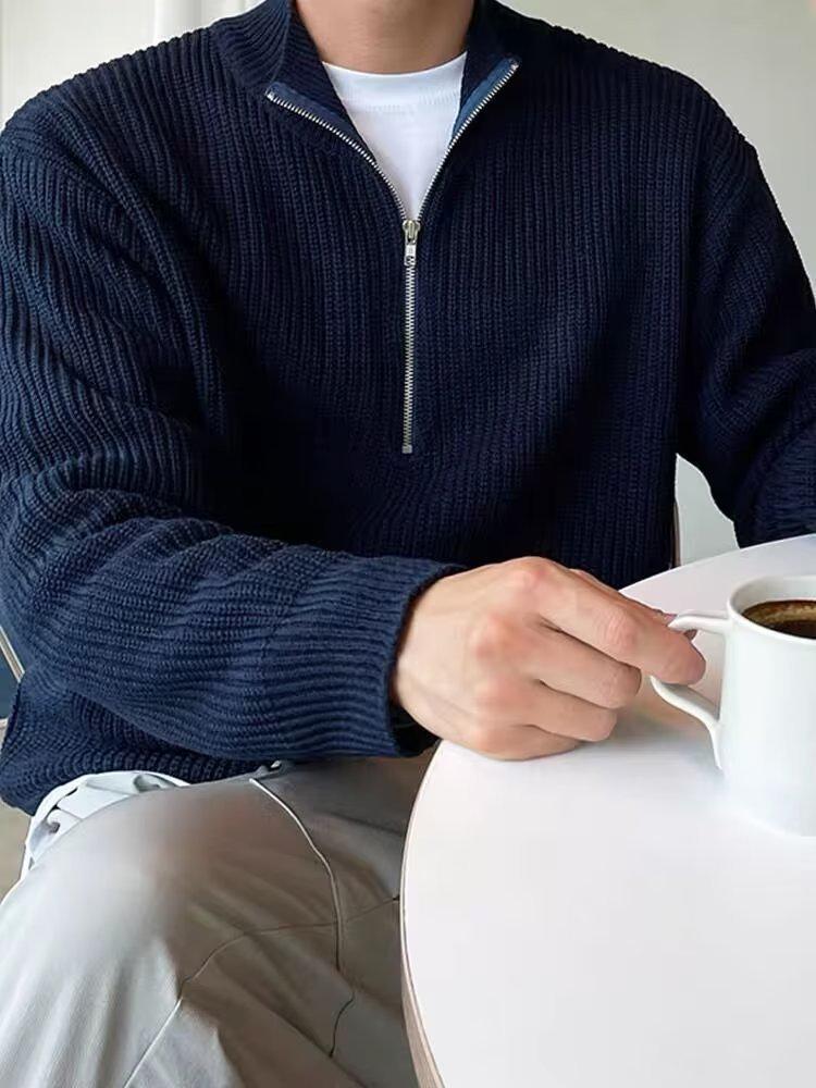 Men's Korean Style Autumn Knitwear: Trendy Half-Zip High Neck Pullover