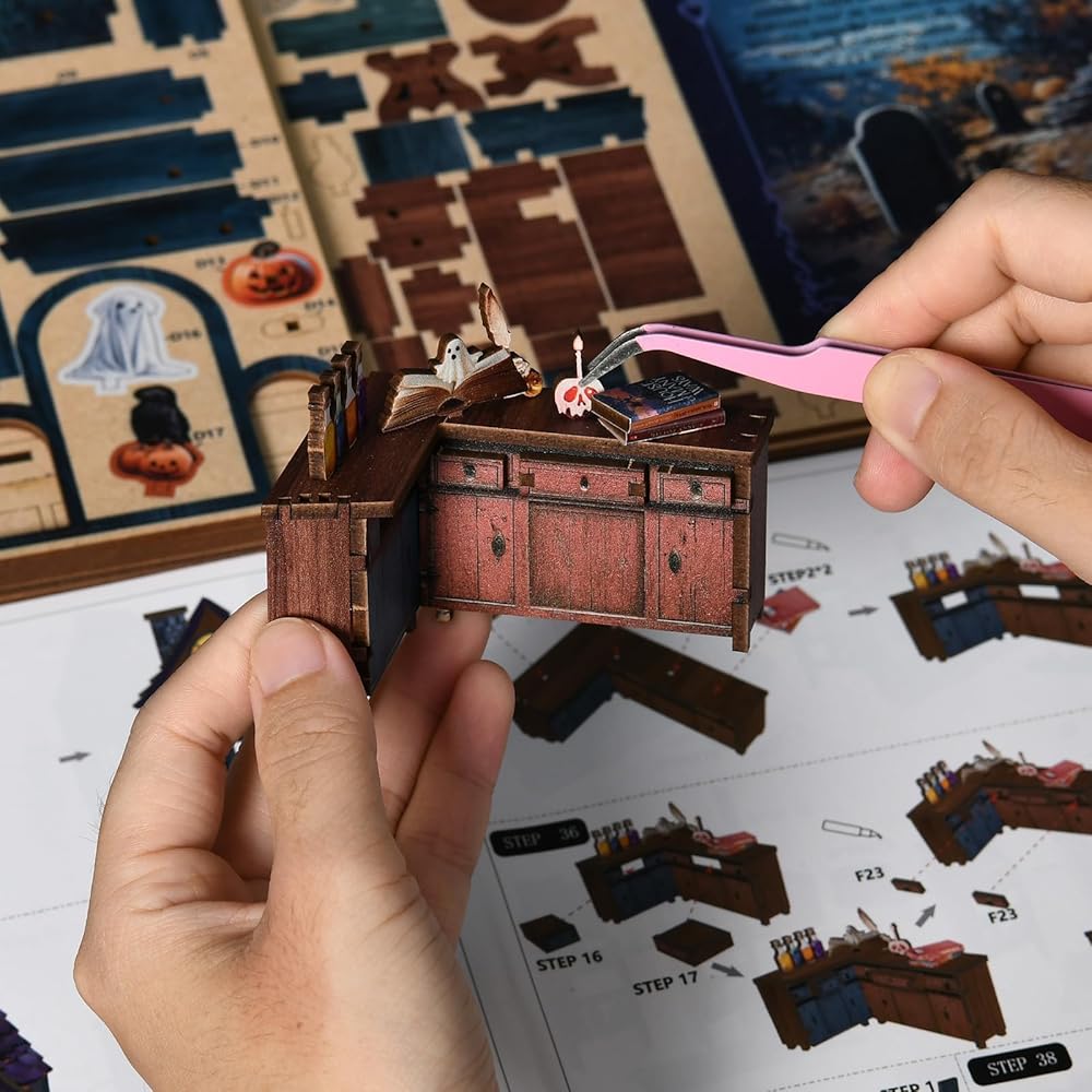 CRESYMME Miniature House Dollhouse Book Nook Kit Wooden DIY 3D Craft Halloween Castle Design