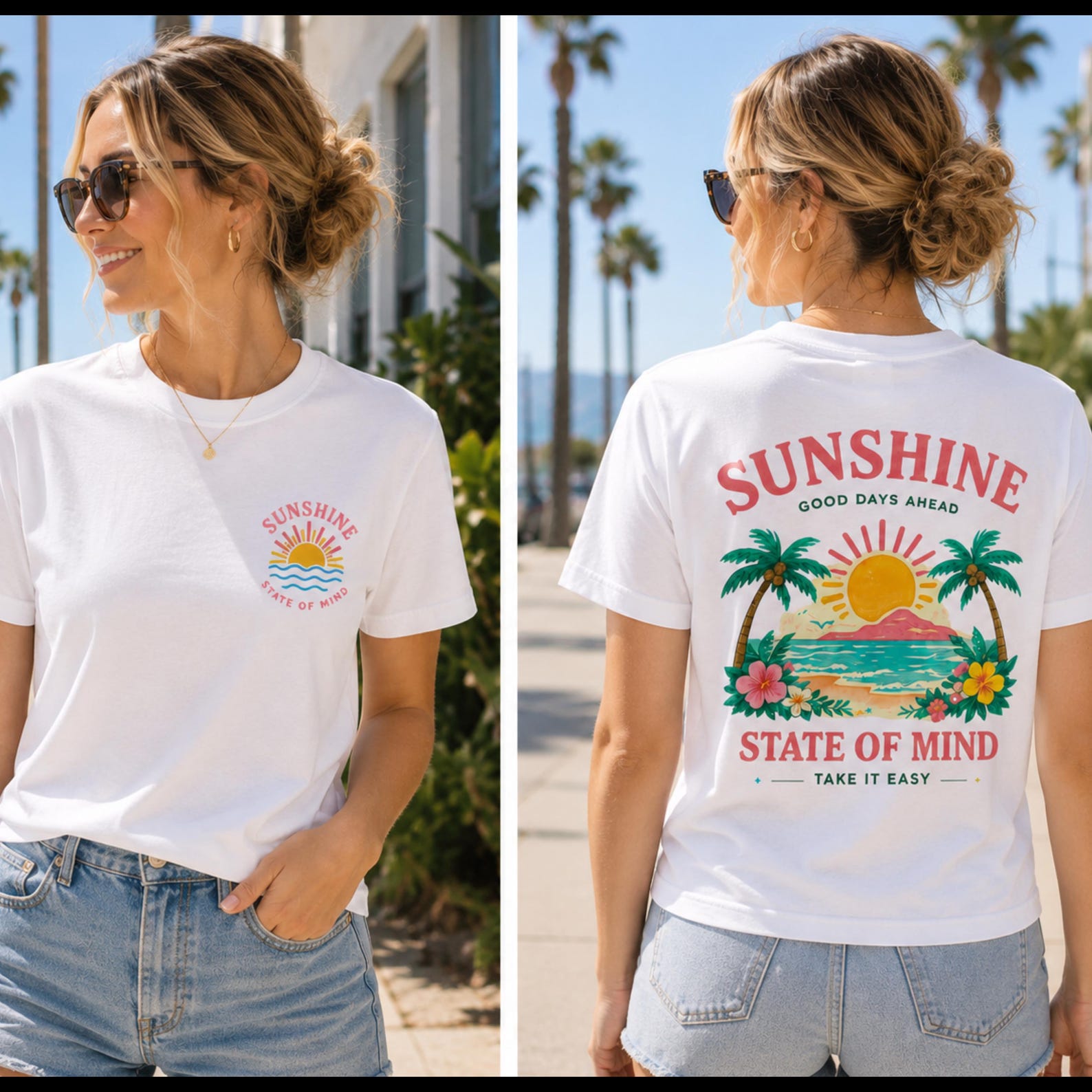 Sunshine State of Mind T-Shirt for Women | Retro Summer Graphic Tee | Beach Vacation Shirt | Tropical Oversized Tee | Coastal Aesthetic Top XL