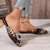 Sexy Leopard Pointed Toe Slippers Women 2025 Summer Flat Heels Big Crystal Buckle Shoes Women Fashion Mules Shoes