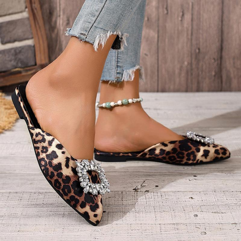 Sexy Leopard Pointed Toe Slippers Women 2025 Summer Flat Heels big Crystal Buckle Shoes Women Fashion Mules Shoes