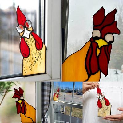 2 peças de enfeite de acrílico para pendurar na janela, decoração de canto de janela com estampa de galo, decoração de canto de janela com galo espiando, arte de parede de animal de fazenda