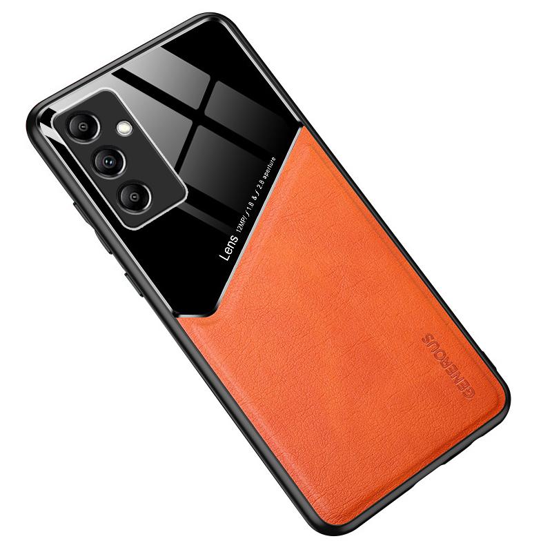 

For Samsung Galaxy M14 5G PU Leather Coated TPU+PC Anti-drop Phone Back Case with Car Mount Metal Sheet Orange