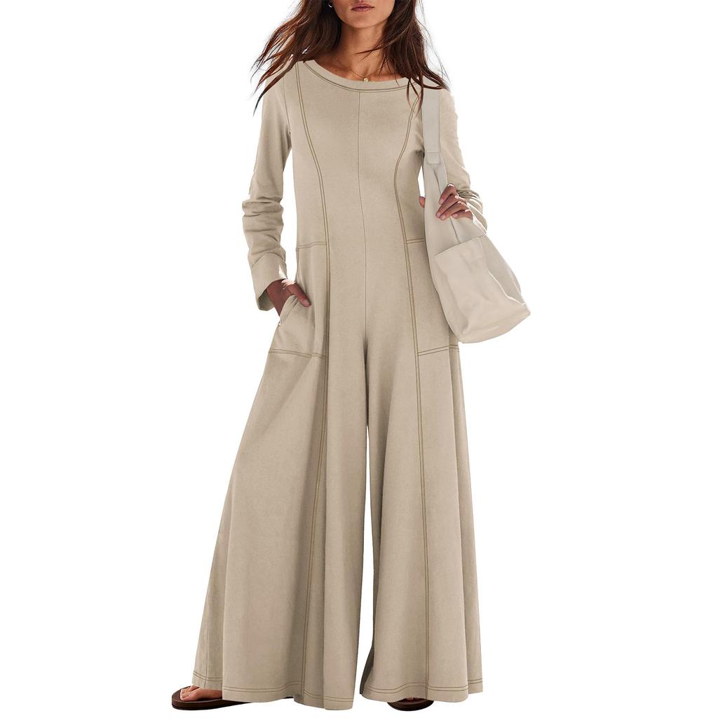 Damen Modischer Lässiger Rundhals Langarm Tasche Lässiger Lockerer Weitbeiniger Jumpsuit