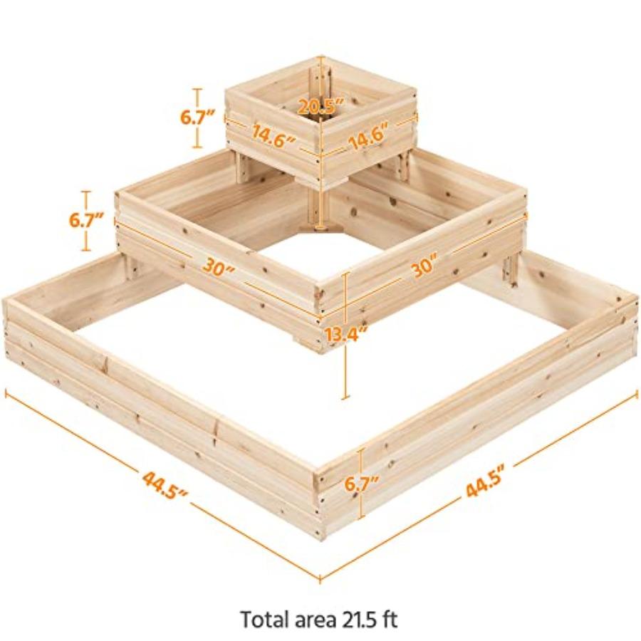 3 Tier Wooden Raised Garden Bed 44.5'' L×44.5'' W×20.5'' H for Flowers/Herbs/Vegetables with Open Bottom Planter Natural Wood C