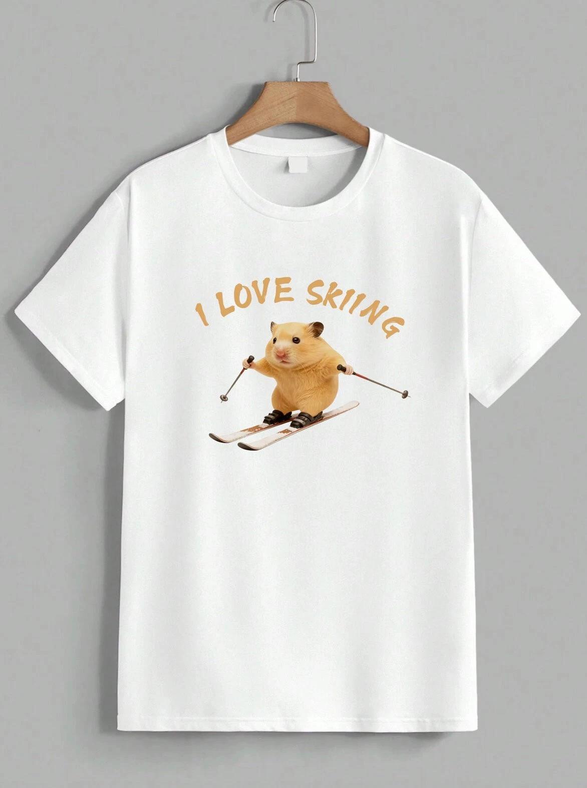 I Love Skiing T-Shirt Ski Lover Funny Hamster Graphic Winter Sports Tee Unisex XL