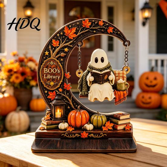 Crescent Moon Ghost Ornament Swinging On Halloween Decoration Spooky Reading Ghost/Skeleton Wooden Bookshelf Unique Table Centerpiece for Home Nook,