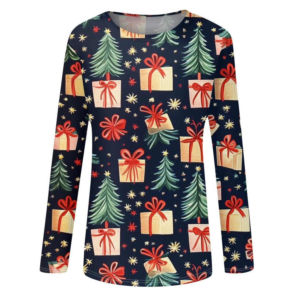 Women's Fashion Round Neck Pullover Plunging Sleeve Tee Christmas Printed Top