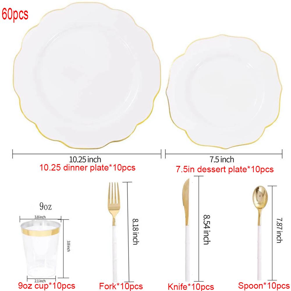 Set Combinat Tacâmuri de Unică Folosință pentru 10 Persoane 60 buc Farfurie de Cină din Plastic cu Dantelă Bronzată, Cupă, Tacâmuri Argintii, Consumabile pentru Petrecere de Zi de Naștere, Nuntă