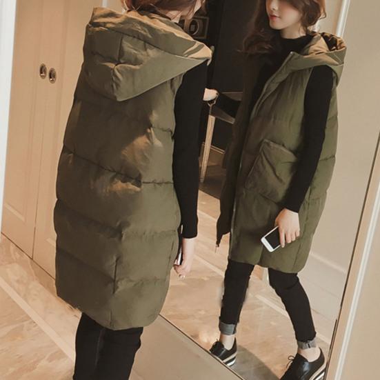Dámská péřová vesta se stojáčkem, silný dlouhý kabát bez rukávů s kapucí, prošívaná puffer bunda na zip
