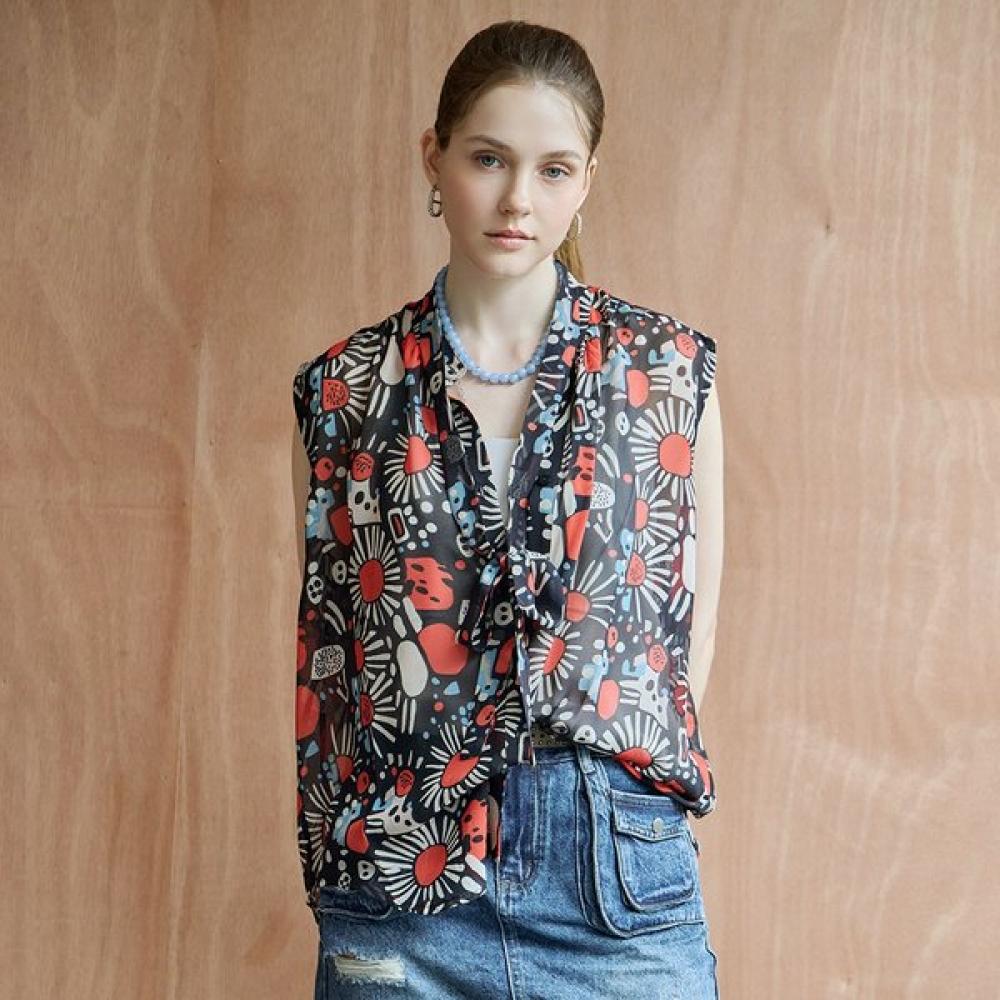 Maxza Art Flower Tie Sleeveless Blouse Zf08qb024nh
